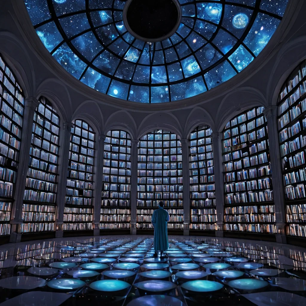 A hyperrealistic, eyelevel view of a vast, suspended archive hall constructed from seamless, polished white porcelain panels that curve upwards into a dome, illuminated by a diffuse, cool celestial glow filtering through a ceiling of stainedglass astrological charts. The floor is a checkerboard of matte black slate and highly reflective obsidian, mirroring the rooms contents with perfect clarity. Instead of books, the shelves are filled with thousands of upright, cylindrical glass vials, each containing a swirling, luminous nebula in distinct hues of electric blue, violet, and gold, representing captured memories of distant stars. In the center of the room, a solitary figure dressed in a flowing, iridescent silk robe made of woven fiberoptic cables stands