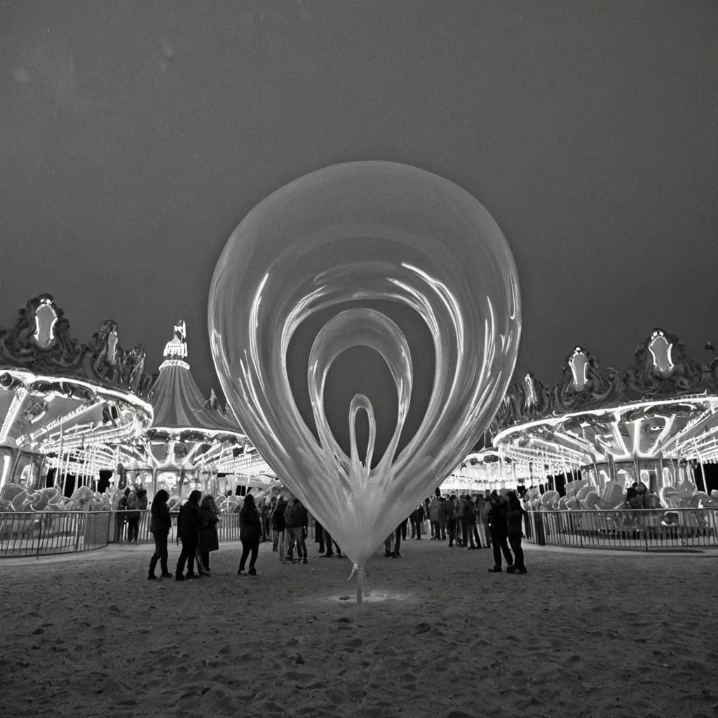 A single, selfoscillating membrane of reversed laughter, shaped like a 1029dimensional Mbius strip of unformed mirth and inverted joy, vibrates at the center of a vast, inverted amusement park of solidified stillnesseach ride frozen midloop at the exact moment between a scream erupting and its refusal to echo, a balloon floating and dissolving into nonbuoyant air, a carousel spinning and collapsing into motionless silence. The membrane does not amplifyit unamplifies, each trembling fold shedding a layer of euphoric potential that never coalesced into a shared delight, reforming into ephemeral, citrinefractured afterimages shaped like the negative space between two mouths that