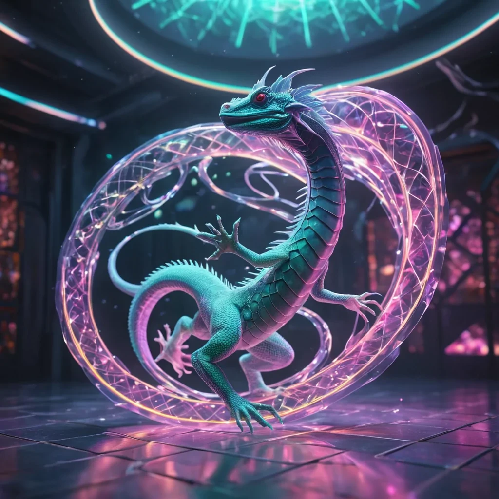 Hyperrealistic neon basilisk with iridescent skin, gracefully gliding through a floating, geometric lattice of reflective, swirling pastel hexagons, dynamic lighting with volumetric beams, soft focus on its ethereal, luminescent form, vibrant colors, 4K resolution, lens flare dancing around its mystical presence in a surreal, futuristic labyrinth sanctuary.