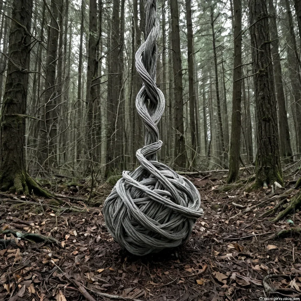 A single, selfrewriting tangle of reversed gravity, shaped like a 1,001dimensional knot of unformed weight and inverted descent, floats at the center of a vast, inverted forest of solidified ascent. Each strand is spun from the exact moment between a leaf drifting downward and its refusal to fall, a stone released from a hand and dissolving into nonmomentum, a breath exhaled into air and collapsing into pure, unmeasured nonsinking. The knot does not anchor matterit unanchors it, each unraveling twist shedding a layer of gravitational potential that never coalesced into mass, pressure, or planetary pull, reforming into ephemeral, topazveined vapor that rises like a silent