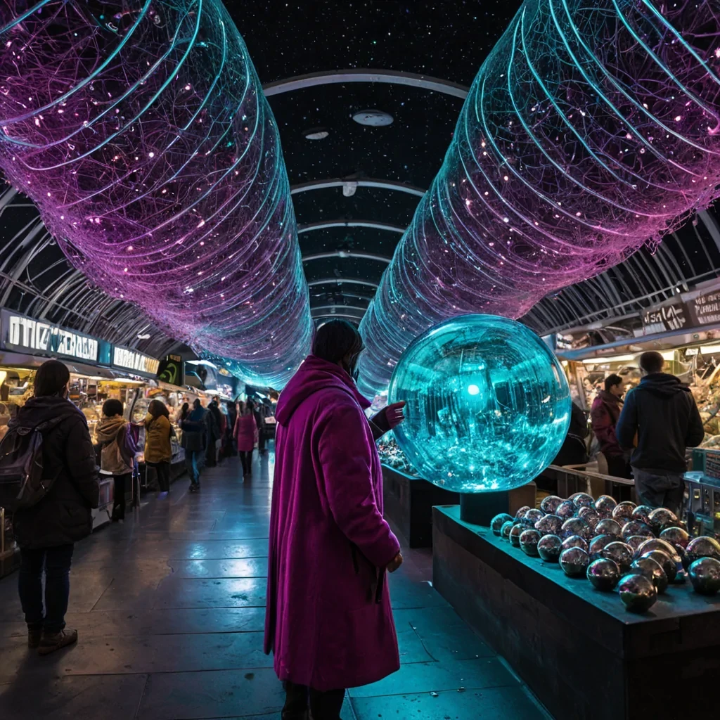 A horizontal, eyelevel closeup of a bustling street market located on the surface of a massive, slowly rotating metallic sphere in deep space. The foreground features a vendor stall constructed from repurposed, iridescent aircraft fuselage panels, displaying rows of delicate, handblown glass orbs filled with swirling, liquid neon gases in vivid magenta and cyan. The vendor, wearing a textured, heavyweave coat in muted slate grey with brass buckles, holds a glowing, crystalline scale to weigh a single, floating seed that emits a soft, warm white light. In the background, the curved horizon of the spheres city stretches into infinity, lined with vertical gardens of bioluminescent moss and suspended walkways made of transparent aluminum.