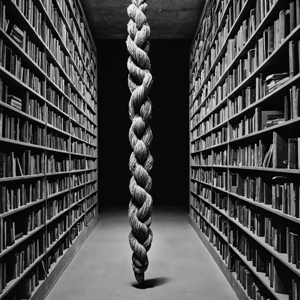 A single, selfentangling knot of reversed silence, shaped like a 741dimensional braid of unformed stillness and inverted resonance, floats at the center of a vast, inverted archive of solidified soundeach shelf carved from the exact moment between a word being spoken and its refusal to be understood, a melody forming and dissolving into nonauditory mist, a voice rising and collapsing into pure, unmeasured absence. The knot does not contain silenceit uncontains it, each twisting strand shedding a layer of linguistic potential that never coalesced into shared meaning, reforming into ephemeral, amethystveined afterimages shaped like the negative space between two lips that never parted to speak the same unsaid
