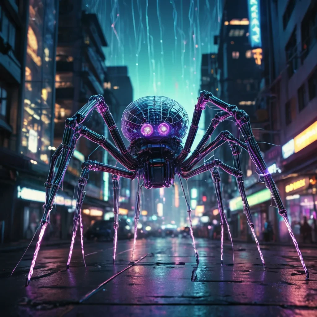 A colossal, mechanical spider weaving a web of glowing, iridescent threads across a neonlit, cyberpunk cityscape at night, hyperrealistic, 4K, cinematic lighting, volumetric lighting, atmospheric effects, dynamic lighting, bokeh effect, soft focus, lens flare, vibrant colors, detailed textures.