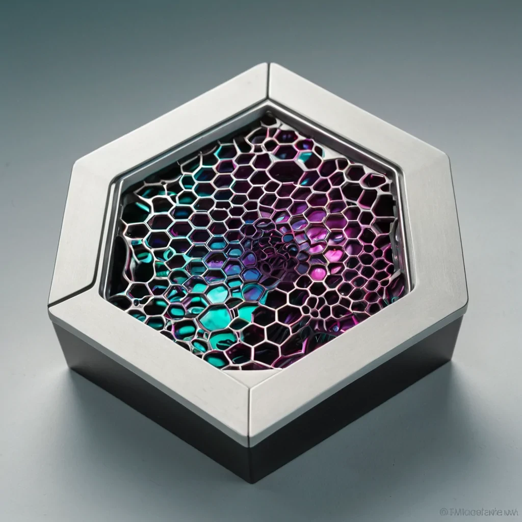 A hyperrealistic, isometric cutaway view of a compact, cubic device made of brushed titanium and matte black ceramic, resting on a pristine, white laboratory bench. The front panel is open, revealing a dense, intricate array of microscopic, golden filaments arranged in a precise, hexagonal honeycomb pattern. Each filament is capped with a tiny, perfectly spherical bead of iridescent, oilslick fluid that shifts between teal and magenta depending on the angle. To the right of the device, a single, thin stream of steam rises from a small vent, curling into a complex, fractal shape before dissipating into the cool, sterile air. The lighting is bright and clinical, with sharp, defined shadows that emphasize the metallic