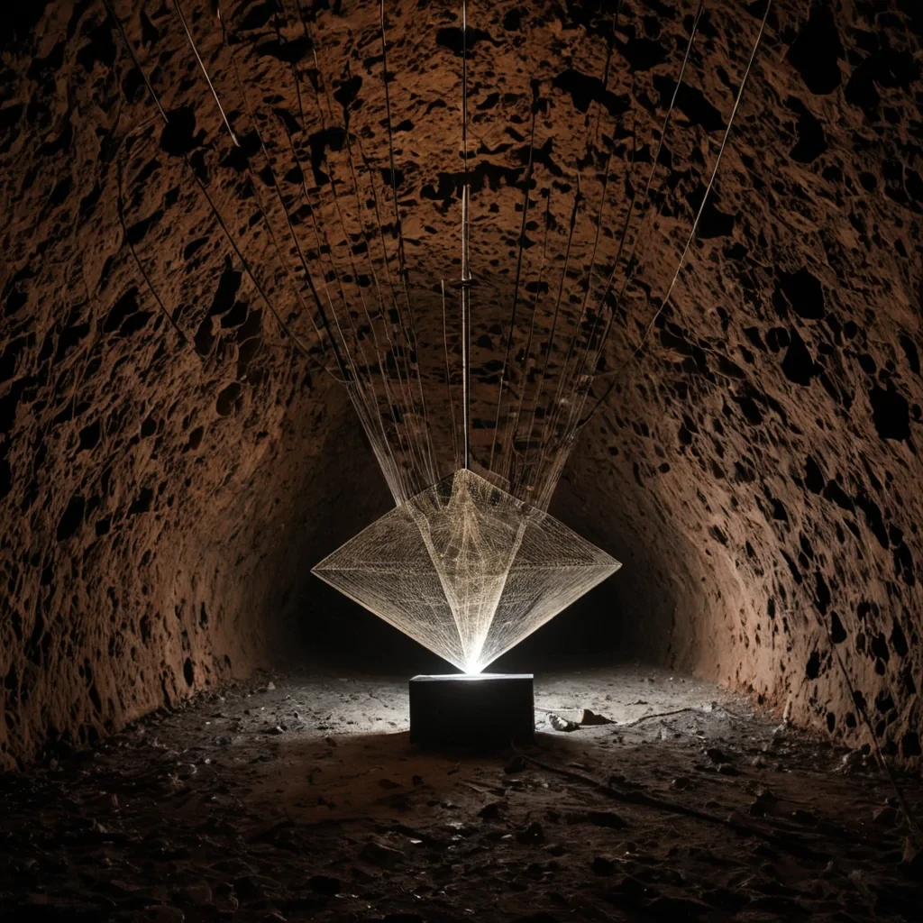 A single, selffragmenting prism of solidified static hangs suspended in the center of a cavern carved from the hollowedout core of a dead radio telescope, its facets not glass but woven from the compressed electromagnetic residue of a broadcast that never aired. The prism does not refract lightit unrefracts, each pulse reversing the dispersion of a signal lost to time, projecting backward into the air not images, but the faint, ghostly outlines of forgotten frequencies shaped like the silhouettes of people who never existed. The cavern walls are not rockthey are layered sheets of oxidized copper mesh, each panel etched with the thermal afterimage of a transmission that was never received, their surfaces humming with the low, subsonic