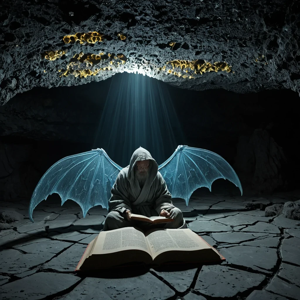 A horizontal, eyelevel medium shot of a silent, subterranean library carved into the smooth, obsidian floor of a vast, dry lava tube. The air is still and cool, illuminated by the soft, pulsating glow of bioluminescent lichen growing in vertical fissures along the curved rock walls, casting long, cool blue shadows. In the center, a scholar with pale, dustcovered skin and wearing a heavy, textured robe made of woven grey wool sits crosslegged on a low, square cushion. They are carefully turning the page of a massive, ancient book bound in cracked leather, from which emerges a swarm of tiny, glowing, mothlike creatures with translucent wings that drift upwards into the darkness of the cave ceiling. The