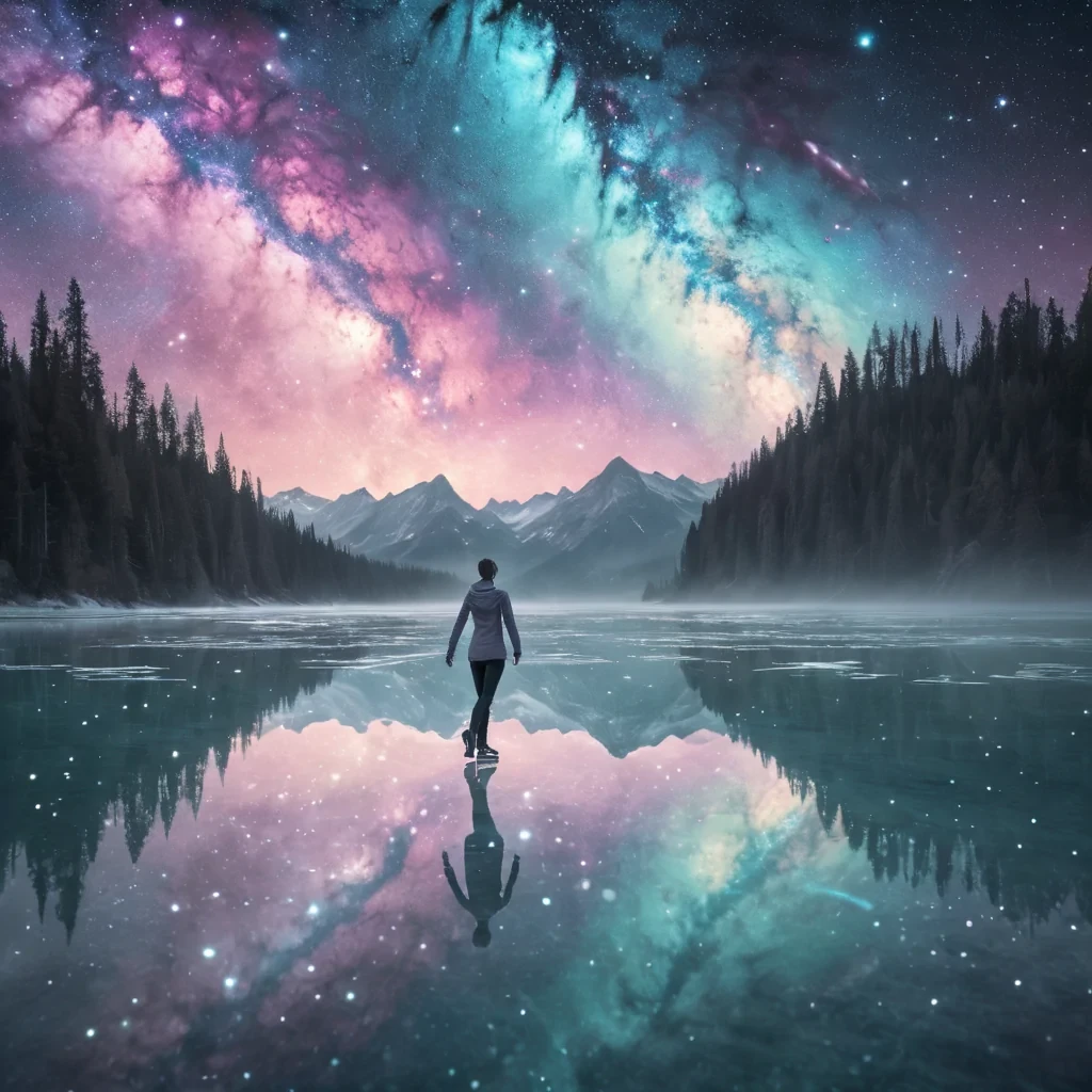 A sentient, crystalline lake reflecting a swirling galaxy above, with a lone, glowing figure skating across its surface, hyperrealistic, ultra HD, cinematic lighting, volumetric lighting, atmospheric effects, soft focus, pastel tones, detailed textures.