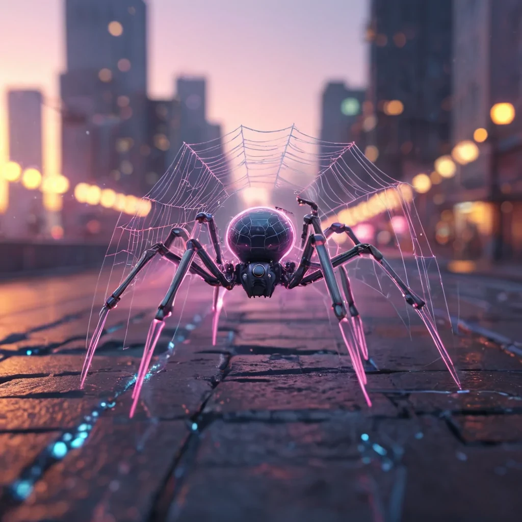 A lone, robotic spider weaving a luminescent web across a sprawling, neondrenched metropolis at dawn, hyperrealistic, 4K, cinematic lighting, volumetric lighting, atmospheric effects, dynamic lighting, bokeh effect, soft focus, lens flare, pastel tones, detailed textures.