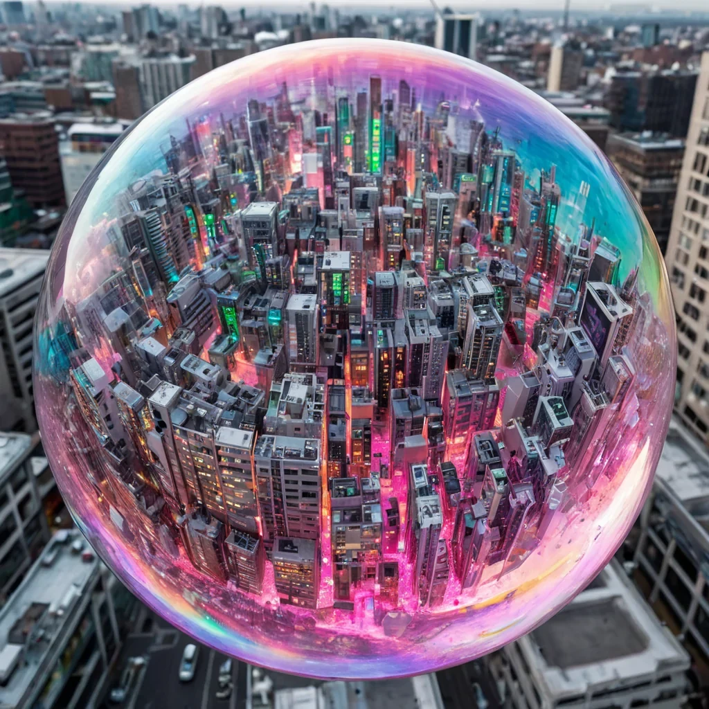 A wideangle, macro photograph of a colossal, iridescent soap bubble floating in a sterile, white laboratory void, its surface acting as a distorted lens for a miniature, bustling metropolis built entirely from translucent, flexible circuit boards and liquid crystal displays. The city inside is a vibrant tapestry of shifting digital interfaces, holographic advertisements, and data streams that ripple like water across the curved inner walls, refracting the external laboratory lights into a kaleidoscope of neon pinks, electric blues, and sharp whites. Tiny, robotic figures with metallic exoskeletons navigate the undulating streets, their movements causing subtle ripples in the soap films thickness, creating interference patterns of rainbow colors that shift with the slightest vibration. The bubble is suspended