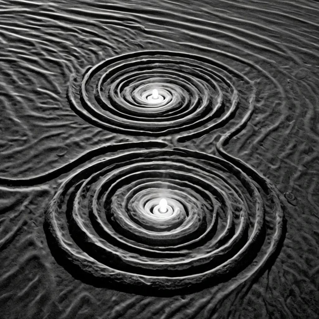 A single, selfsiphoning filament of solidified moonlight, shaped like a spiraling, nonreflective helix of reversed luminescence, pulses at the center of a vast, inverted lagoon suspended in the vacuum between two nonrotating, silent neutron stars. The filament does not illuminateit unreflects, each twist dissolving a layer of light that never coalesced, reforming into ephemeral, monochrome ripples shaped like the negative space between two lips that never parted in the same moment of whispered truth. The lagoon is not aqueousit is a layered expanse of petrified reflection, each wave etched with the spectral residue of a gaze that was almost returned, its surface shimmer