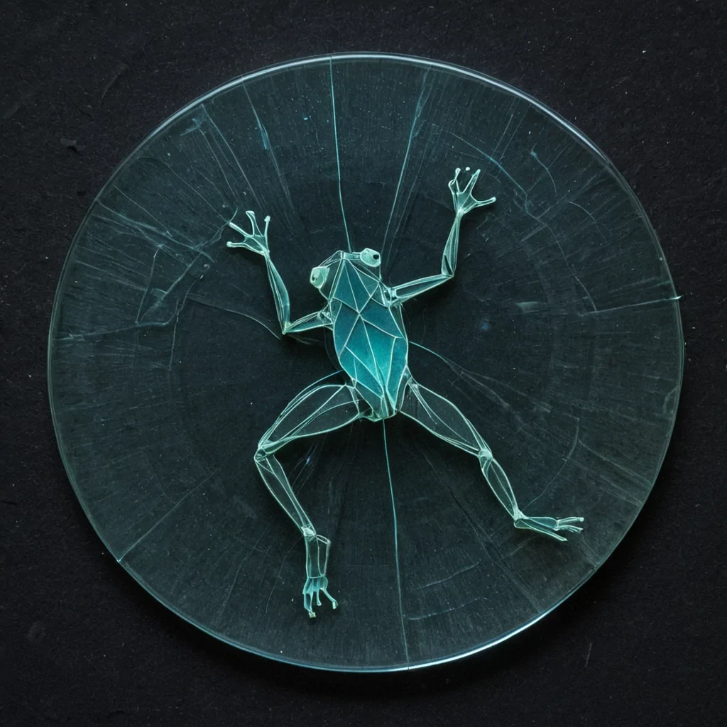 A single, obsidianblack origami frog made of folded silence and compressed starlight sits motionless atop a floating disc of solidified sound, its limbs not articulated but frozen midleap as if caught in the exact moment before a decision was made. The frogs surface is etched with a network of faint, bioluminescent cracks that pulse in time with the heartbeat of the observer, each fracture revealing a tiny, rotating microcosma different version of the same moment a handshake, a whispered confession, a missed trainall rendered in the language of unspoken emotions, visible only as shifting auroras of color that bloom and fade like breath on glass. The disc beneath it is not metal, but a thin, transparent layer of