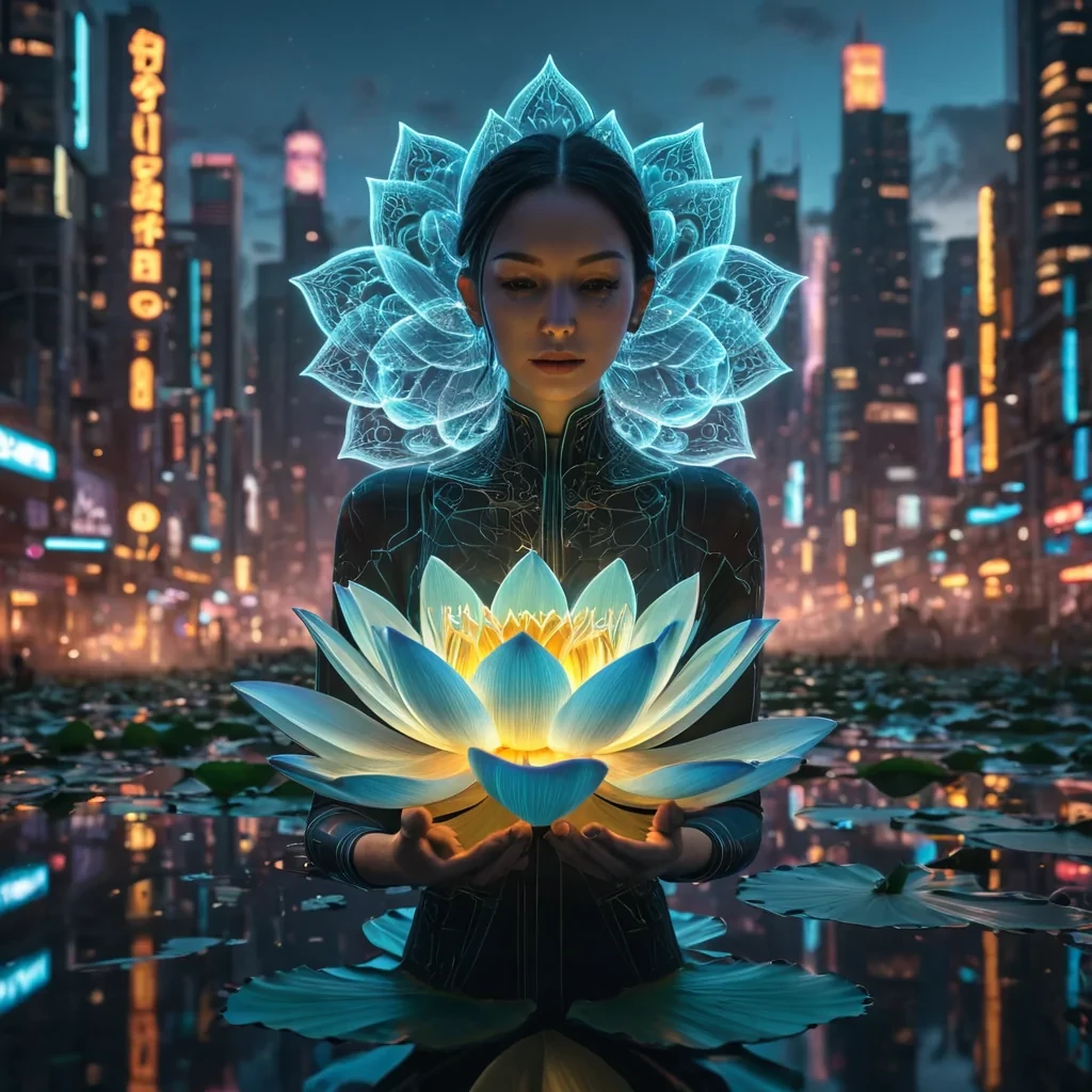 A hyperrealistic, 4K portrait of a sentient, levitating, neonlit holographic lotus, its ethereal form pulsating with intricate, bioluminescent fractal patterns, set against a sprawling, cyberpunk metropolis at dusk, with volumetric lighting casting dramatic shadows and emphasizing the lotus dynamic, fluid movements, and a subtle, warm bokeh effect creating a sense of isolation and mystery.