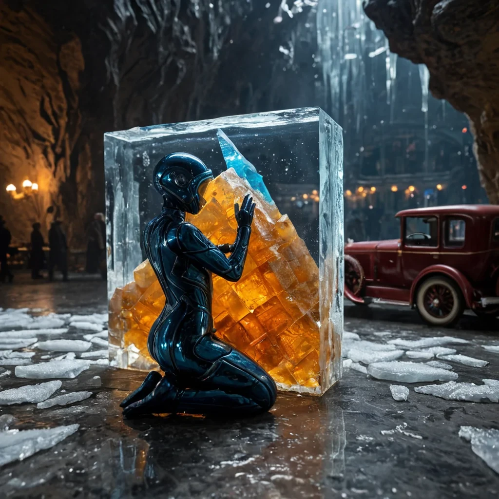 A horizontal, eyelevel medium shot of a silent, indoor glacial cavern where the walls are composed of translucent, honeycombed amber resin blocks, each trapping a single, frozen moment of a bustling 1920s Parisian street scene in miniature, including tiny figures in period attire and vintage automobiles. The floor is a smooth, polished surface of deep blue lapis lazuli that reflects the warm, golden interior light emanating from the amber blocks. In the center, a figure wearing a sleek, matteblack exosuit with glowing cyan accents kneels to examine a large, floating shard of ice that contains a swirling vortex of liquid silver. The atmosphere is crisp and still, with tiny motes of diamond dust floating in the air,