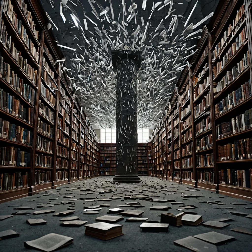 A single, selfilluminating key made of solidified thunder hangs suspended in the center of a vast, still library composed entirely of inverted, petrified silence, each book not bound leather but a crystalline column of compressed, unspoken questions from a civilization that communicated through the weight of unanswered riddles. The key does not turnit resonates, emitting a low, harmonic hum that fractures the surrounding air into slowmotion shards shaped like the negative space between two lips that never asked, each fragment glowing with the faint, subsonic afterimage of a truth that was almost spoken. The library floor is not woodit is a layered expanse of frozen breaths from a thousand unsolved mysteries, each tile etched with the emotional