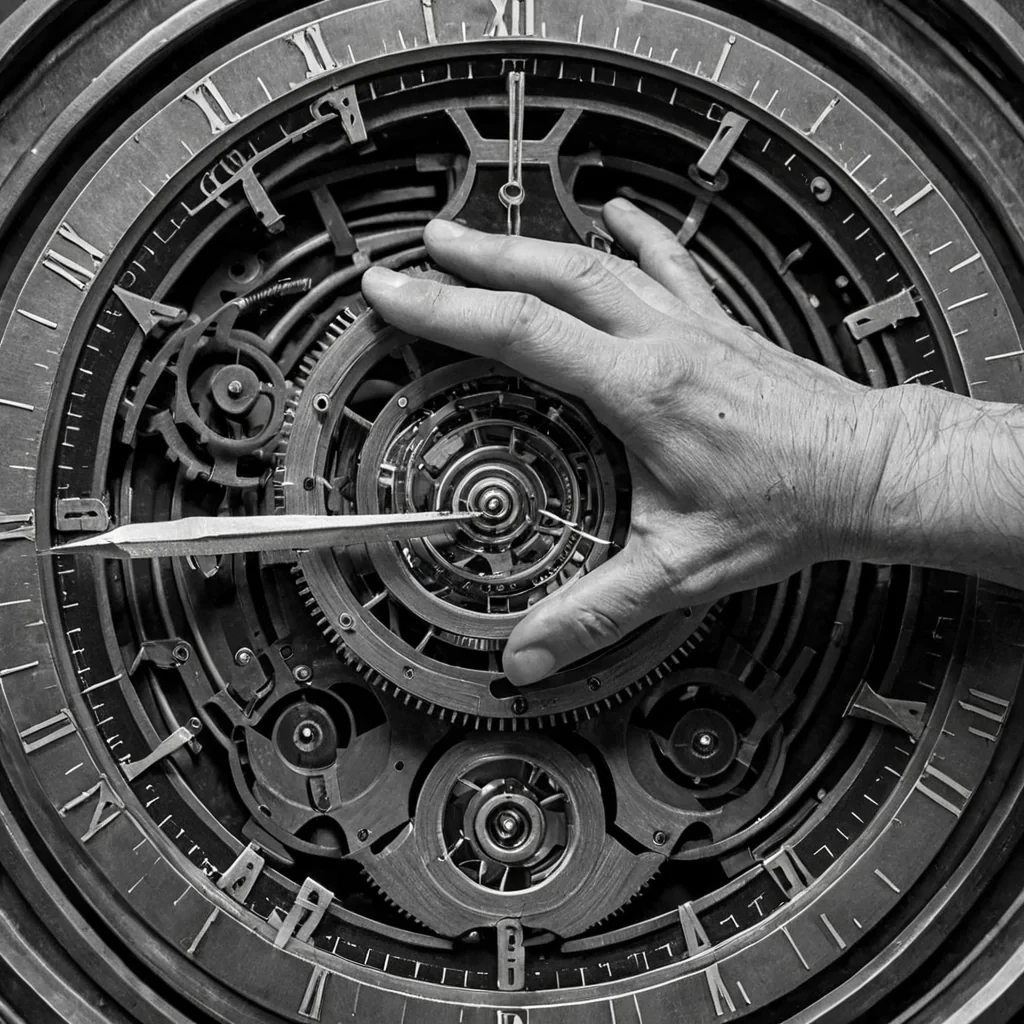 A single, selfresonating membrane of compressed time, shaped like a 913dimensional helix of unformed chronology and inverted causality, rotates at the center of a vast, inverted clockwork of solidified motioneach gear forged from the exact moment between a hand turning a dial and its refusal to advance, a pendulum swinging and its sudden collapse into motionless metal, a second hand ticking and dissolving into a void that never measured duration. The membrane does not ageit unages, each spiral shedding a layer of temporal potential that never coalesced into a shared now, reforming into ephemeral, topazthreaded afterimages shaped like the negative space between two wrists that never held a watch. The air