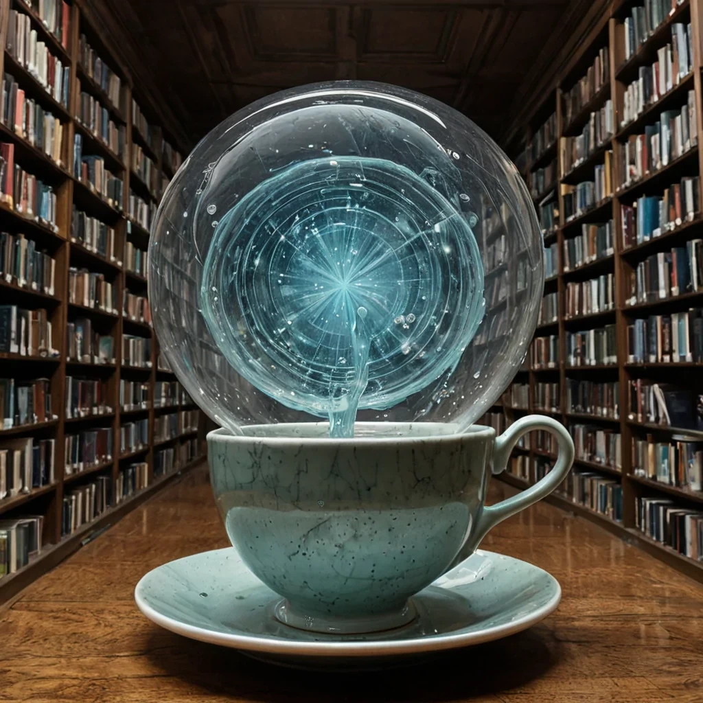 A single, iridescent teacup floats in the center of a vast, rotating library made entirely of solidified silence, its porcelain not ceramic but forged from the emotional residue of a thousand unspoken apologies, each glaze layer a different shade of regret refracting in the dim, bioluminescent light of a dying star. The cup is not emptyit holds a single, perfect bubble of compressed breath, frozen midsigh, its surface etched with the faint, trembling outline of a hand reaching for a door that never opened. The library shelves are not woodthey are crystalline structures grown from the collective, unconscious memory of a species that communicates through the weight of unshared meals, each book a hollowedout moment of solitude