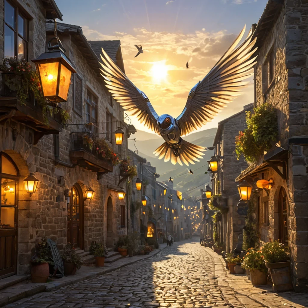 A silver robotic bird with sleek, angular wings hovers gracefully above a cobblestone village, its mechanical parts glinting under the warm rays of the setting sun. Below, the quaint streets are bustling with daily life, wrappers and leaves spiraling lazily in the gentle breeze. Colorful fabric lanterns hang from shopfronts, casting soft glows against the bluetinged sky. As the bird turns, a lens flare streaks briefly across the composition, adding an extra layer of charm. The background reveals sweeping vistas of layered hills and quaint stone bridges, their arches bathed in golden light. The overall scene is rendered in Hyperrealistic detail, with smooth textures and vibrant, secondary colors that evoke a sense of wonder and