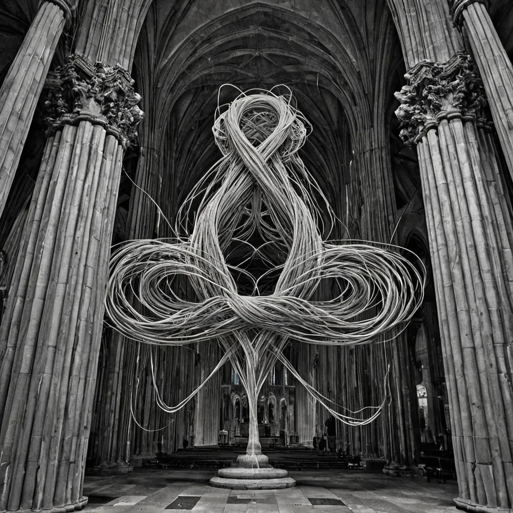 A single, selfconvolving knot of reversed silence, shaped like a 13,709dimensional tangle of unformed stillness and inverted quiet, thrums at the center of a vast, inverted cathedral of solidified sound  each pillar forged from the exact moment between a note forming in the air and its refusal to resonate, a whisper trembling on the lips and dissolving into nonacoustic emptiness, a heartbeat syncing with the cosmos and collapsing into pure, unmeasured nonvibration. The knot does not absorb noise  it unabsorbs it, each coiling filament shedding a layer of auditory potential that never coalesced into harmonic wave, reforming into ephemeral, onyxthreaded static that drift