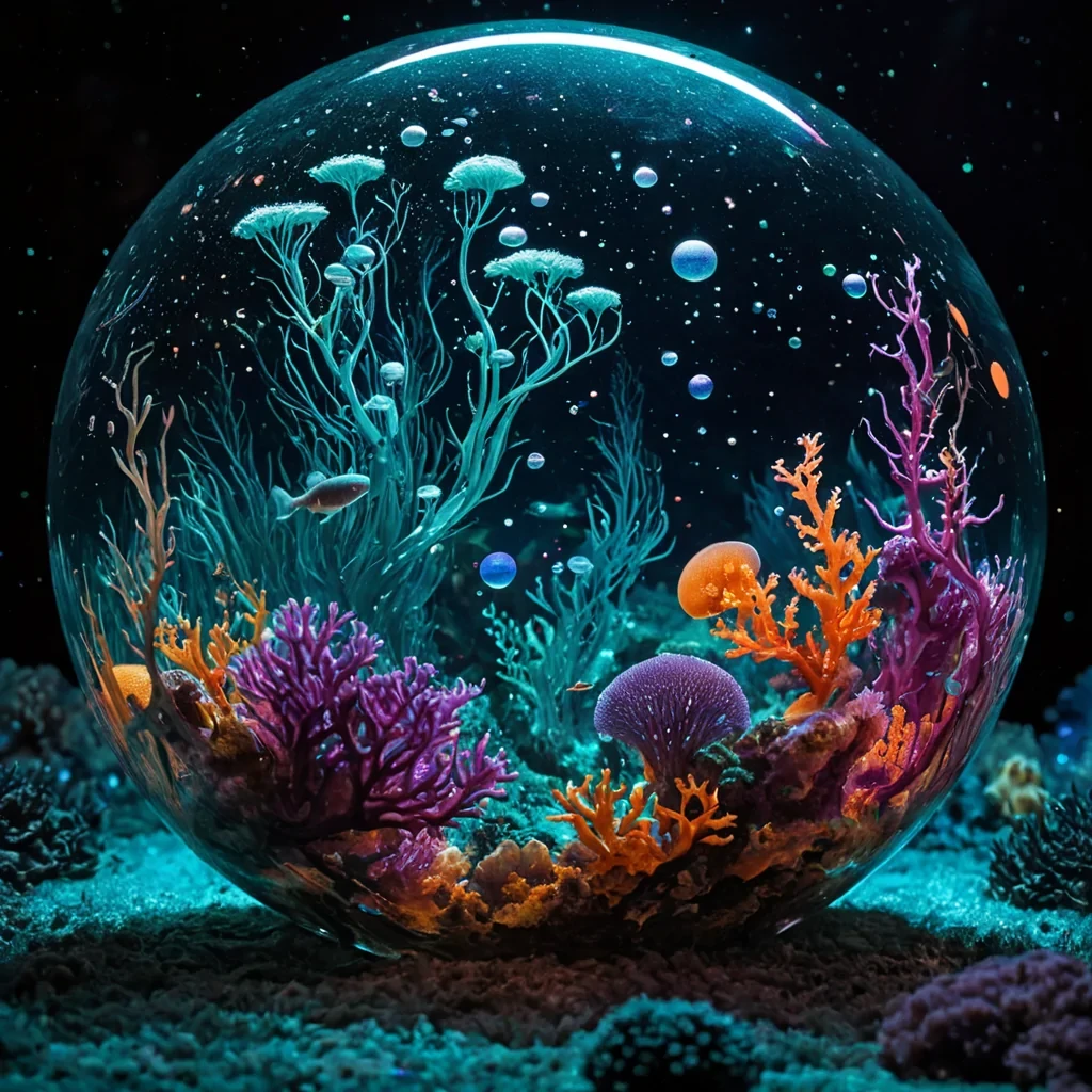 A vertical, macro shot of a hyperdetailed, bioluminescent coral reef ecosystem existing entirely within the translucent, ambercolored interior of a giant, floating glass sphere drifting through a dense, violethued atmospheric cloud. The spheres surface is textured with fine, etched constellations that glow with a faint silver light, contrasting with the warm, internal illumination. Inside, vibrant, nontree flora resembling crystalline ferns and soft, mosslike carpets in shades of teal, magenta, and electric orange carpet the curved floor. Small, translucent fish with bodies made of swirling, liquid mercury swim in slowmotion arcs, their scales reflecting the refracted light from the spheres exterior. The water within the sphere is crystal clear, with