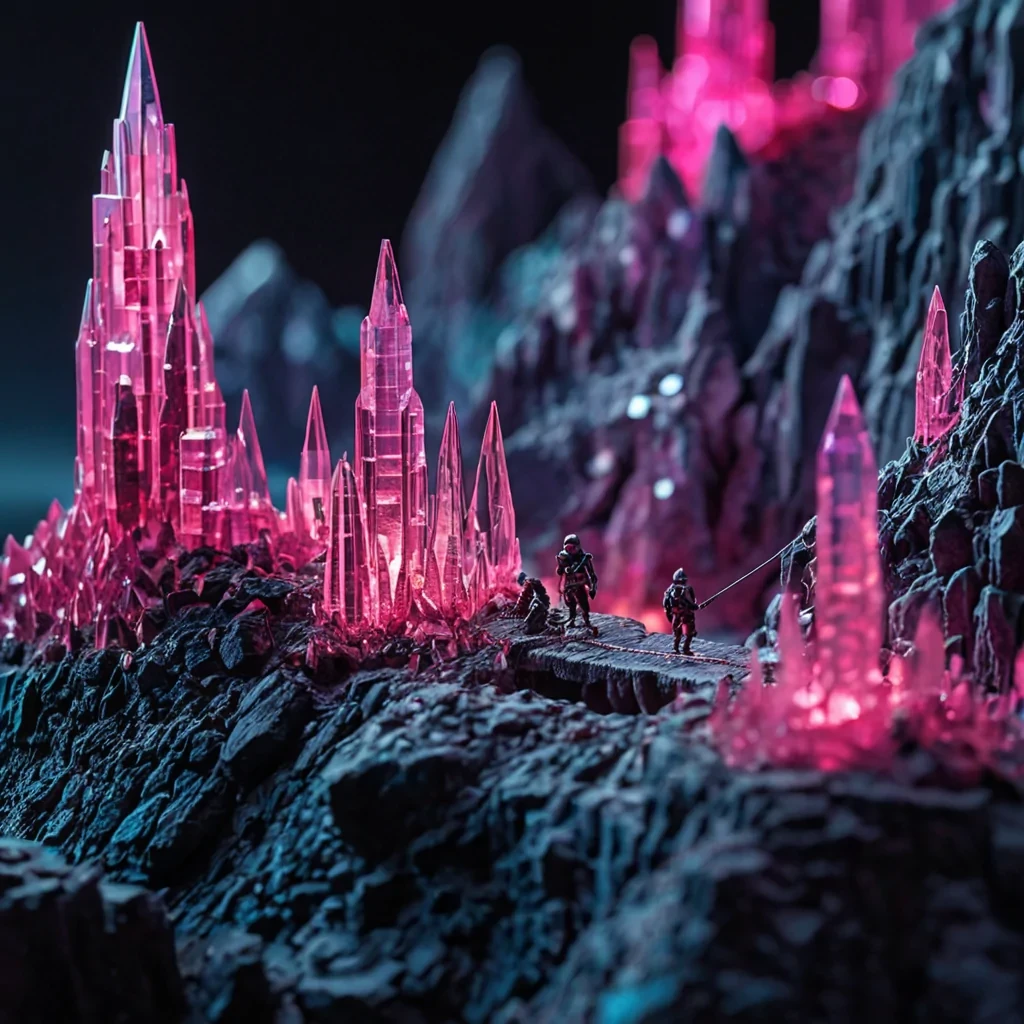 A horizontal, eyelevel medium shot of a hyperdetailed, microscopic landscape where the terrain is composed of vibrant, crystalline structures resembling fractured gemstones in hues of ruby red and sapphire blue. The scene depicts a bustling, miniature city built upon the facets of a single, oversized diamond, with skyscrapers crafted from translucent quartz and bridges made of spun silver thread connecting the geometric peaks. Tiny, humanoid figures wearing iridescent, chitinous armor walk along the sharp ridges, carrying tools that emit soft, neon pink light. The lighting is macrofocused, creating a shallow depth of field that blurs the distant, jagged mountain ranges into soft bokeh circles of color, while the foreground remains in crisp, highdefinition focus,