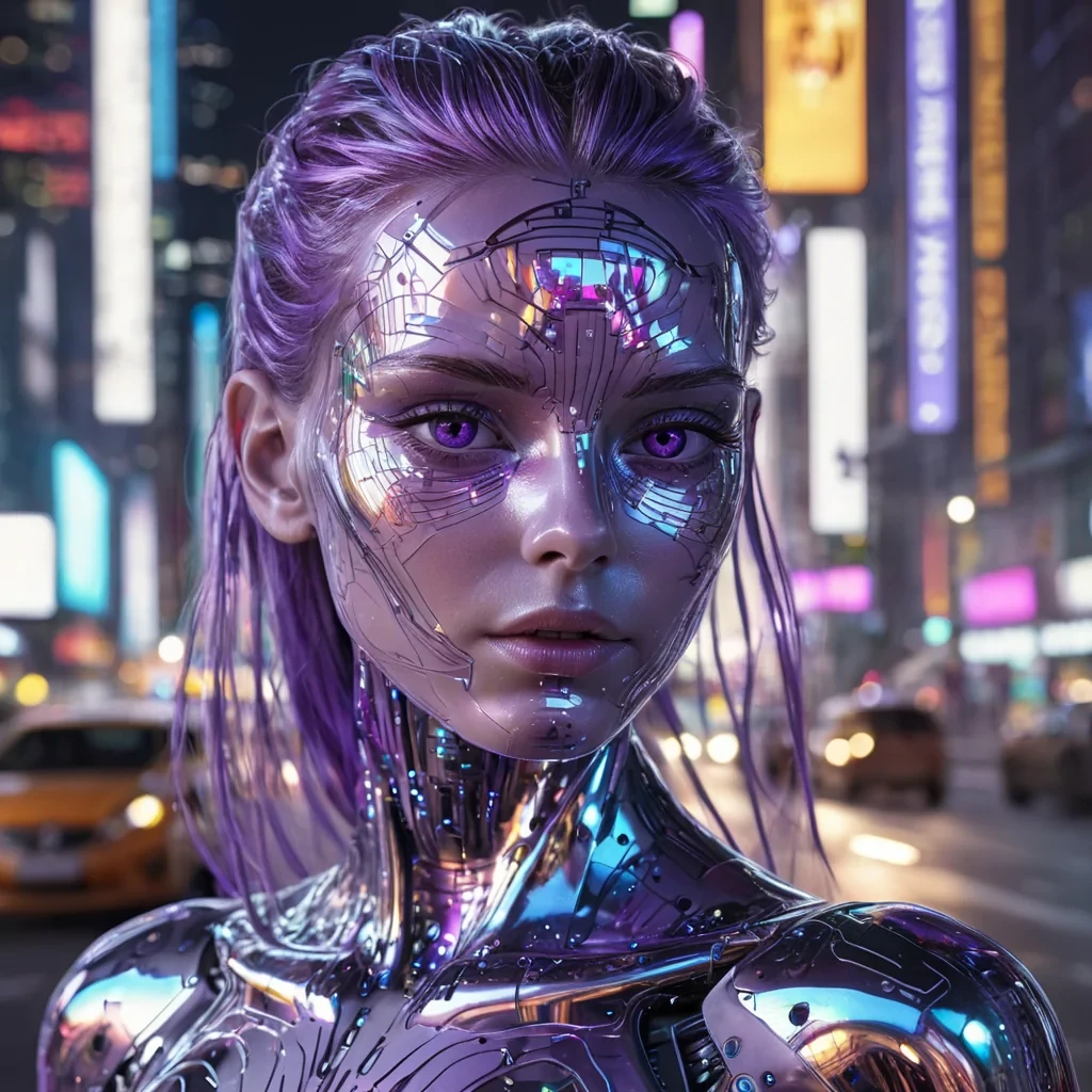 A hyperrealistic, 4K, ultra HD portrait of an android with iridescent, circuitetched skin that shimmers like liquid silver. The androids eyes, a deep, electric violet, seem to pulse with streams of data. Their hair, a cascade of holographic fractals, gently pulses with an otherworldly glow. The background is a surreal, neonlit cityscape of towering skyscrapers and holographic advertisements, with a soft, ethereal glow casting an urban ambiance. Cinematic lighting accentuates the androids metallic features, while a subtle bokeh effect blurs the bustling city backdrop, creating a hightech atmosphere.