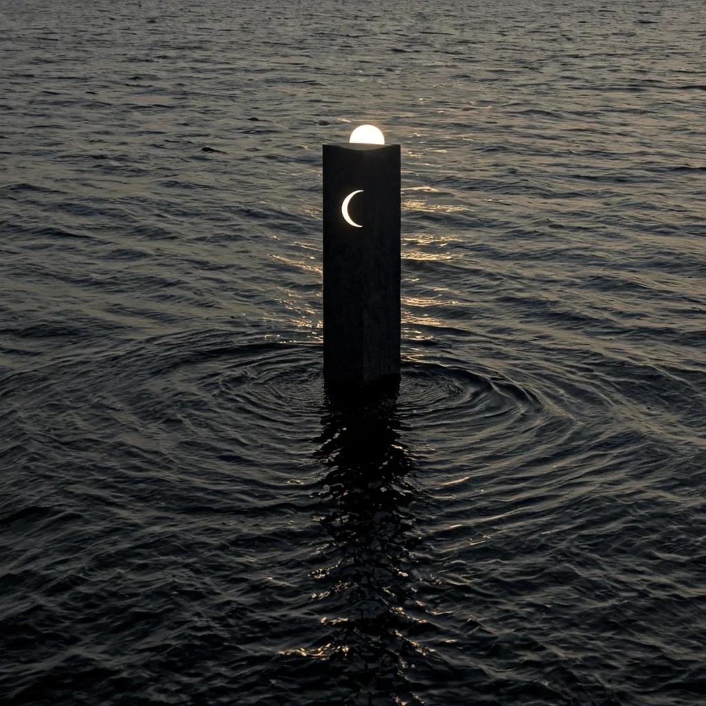 A single, selfrotating monolith of solidified moonlight, shaped like a geometrically impossible prism of refracted lunar silence, hovers at the center of a vast, inverted ocean of liquid shadow suspended between two unaligned tides of forgotten time. The monolith does not reflectit unmirrors, each facet dissolving a layer of illumination that never coalesced into a visible moon, reforming into ephemeral, pearlveined ripples shaped like the negative space between two eyes that never witnessed the same eclipse. The ocean is not aquaticit is a layered expanse of petrified night, each wave etched with the chromatic residue of a star that was almost named, its surface rippling with the slow