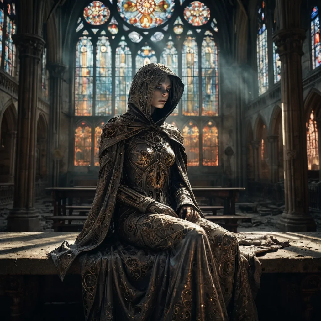 Photorealistic, Ultra HD portrait of a melancholic, sentient automaton, its metallic body adorned with intricate, tarnished filigree, sitting alone in a vast, abandoned cathedral, surrounded by towering, gothic arches and faded, stainedglass windows, with cinematic lighting casting dramatic shadows and emphasizing the intricate, steampunkinspired design, and a subtle, cool bokeh effect creating a sense of isolation and melancholy, as a lone, spectral comet streaks across the night sky, its glowing tail leaving a trail of stardust in its wake, while a spectral, ethereal figure, cloaked in a tattered, hooded robe, stands silently at the edge of