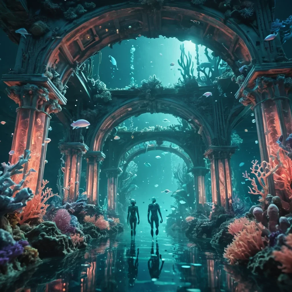 A bustling underwater city illuminated by bioluminescent flora, where humanoid figures with translucent skin and glowing veins navigate through coral arches, hyperrealistic, 8K, cinematic lighting, volumetric lighting, atmospheric effects, dynamic lighting, bokeh effect, soft focus, lens flare, pastel tones, detailed textures.