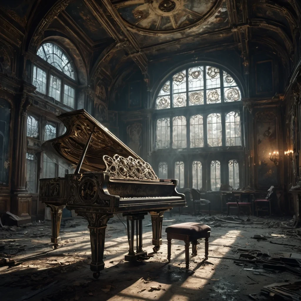 A hyperrealistic, 4K portrait of a melancholic, sentient automaton playing a haunting melody on a grand piano in an abandoned, moonlit concert hall, its metallic gears visible through its glass body, surrounded by decaying velvet seats and a vaulted ceiling adorned with intricate, faded frescoes, with cinematic lighting casting dramatic shadows on its intricate, steampunkinspired design, and a subtle, cool bokeh effect creating a sense of isolation and longing.