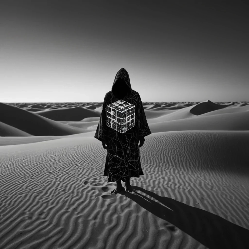 A hyperrealistic, 4K portrait of a lone, sentient, neonlit holographic Rubiks cube, its ethereal form pulsating with intricate, bioluminescent fractal patterns, set against a surreal, monochromatic landscape of undulating, shadowy dunes, with volumetric lighting casting dramatic shadows and emphasizing the cubes dynamic, fluid movements, and a subtle, cool bokeh effect creating a sense of isolation and mystery, as a lone, spectral figure, cloaked in a tattered, hooded robe, stands silently at the edge of the frame, their face obscured by shadows, adding an enigmatic, haunting touch to the otherwise abstract scene.