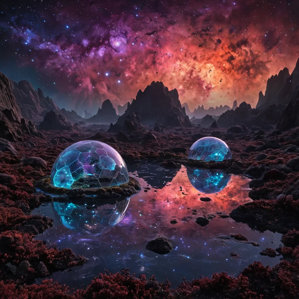A vast, floating archipelago of translucent geodesic domes drifts through a nebula of liquid twilight, each dome pulsing with internal bioluminescent currents that mimic the slow, rhythmic breath of a slumbering giant. The domes are suspended by taut, shimmering filaments of solidified sound, humming with harmonic resonance that bends the surrounding space into gentle ripples. Inside each dome, a different ecosystem thrives crystalline gardens of glowing lichen, rivers of liquid light flowing over smooth obsidian beds, and floating orbs of condensed memory that emit soft, melancholic melodies when disturbed. The sky beyond is a tapestry of shifting auroras in deep violet, burnt umber, and electric coral,