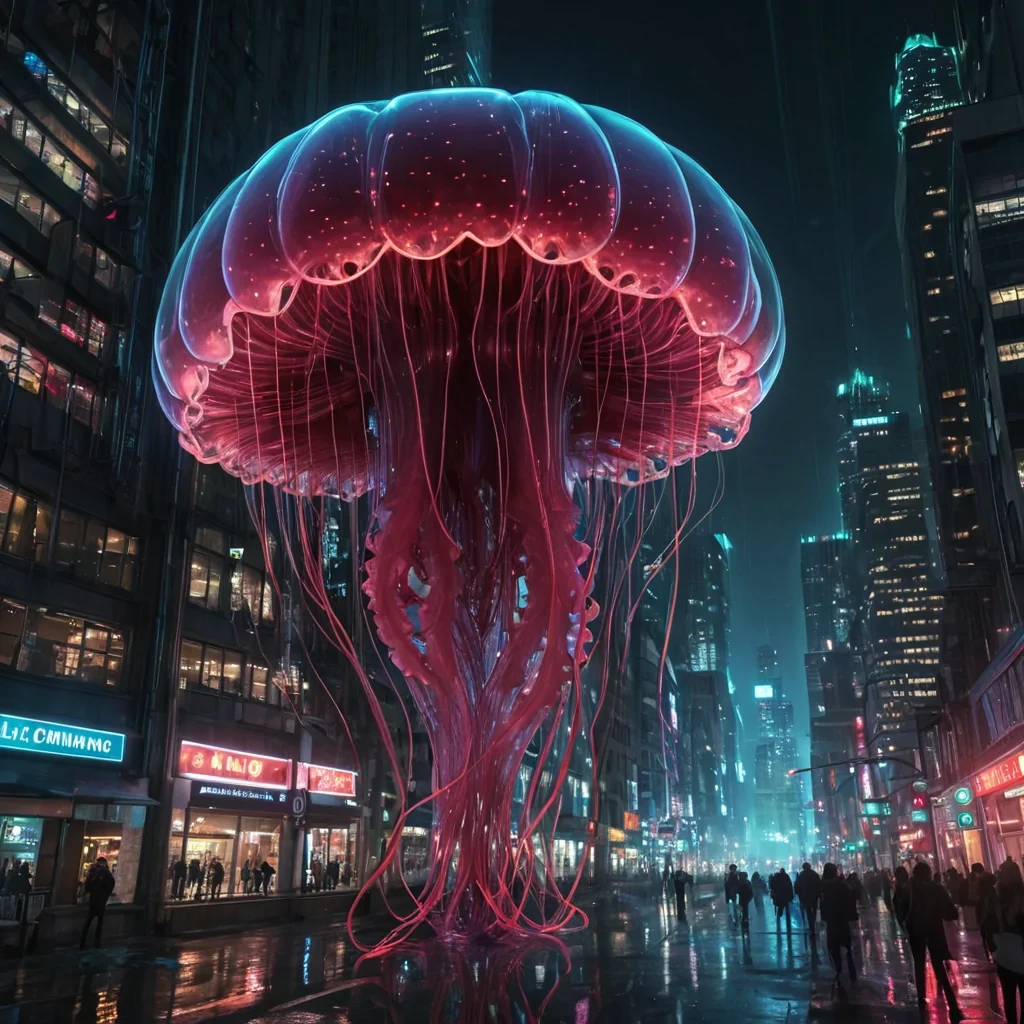 Photorealistic, colossal, undulating, crimson jellyfish metropolis, its hyperrealistic, 4K, translucent, gelatinous tendrils intertwining ultra HD, bioluminescent, zerogravity ecosystems. Volumetric lighting from unseen, pulsating, bioluminescent hearts etches the citys ethereal, organic architecture, casting intricate, dynamic, neon shadows on the inverted, reflective void. Cinematic lighting bathes the scene in vibrant, otherworldly hues, with lens flare emphasizing the citys central, radiant, throbbing, crimson heart, pulsating with captive, artificial, bioluminescent energy.