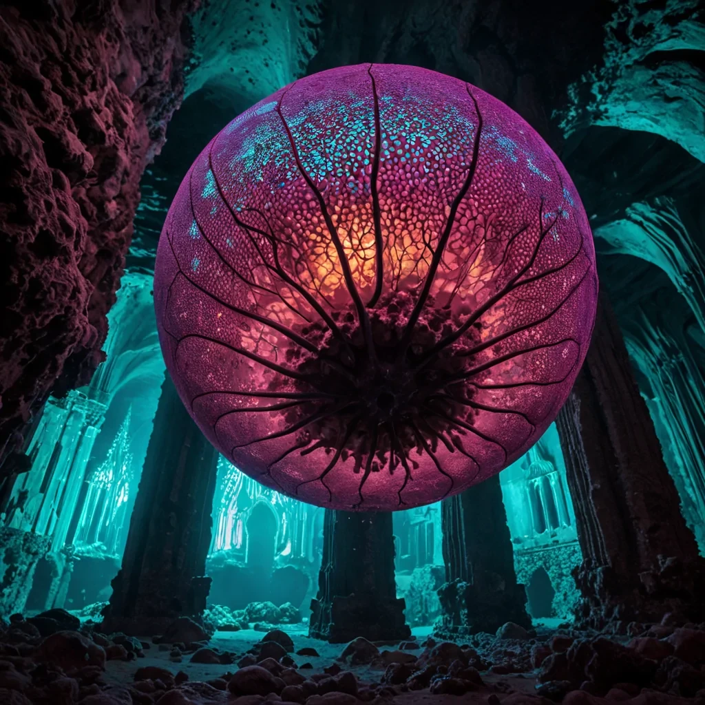 A lowangle, fisheye perspective of a colossal, inverted cathedral constructed from translucent, honeycombed coral structures that glow with an internal, pulsating bioluminescence in shades of electric cyan and deep magenta. The structure floats upside down from the ceiling of a vast, subterranean cavern filled with a dense, warm fog that diffuses the light into soft, ethereal beams. Suspended from the lowest point of the coral spire is a single, massive, spherical seed pod made of polished, iridescent beetle shell, reflecting the intricate textures of the surrounding stone walls. Tiny, mechanical drones with delicate, fanlike wings hover around the seed pod, their movements creating subtle ripples in the thick atmosphere. The ground below