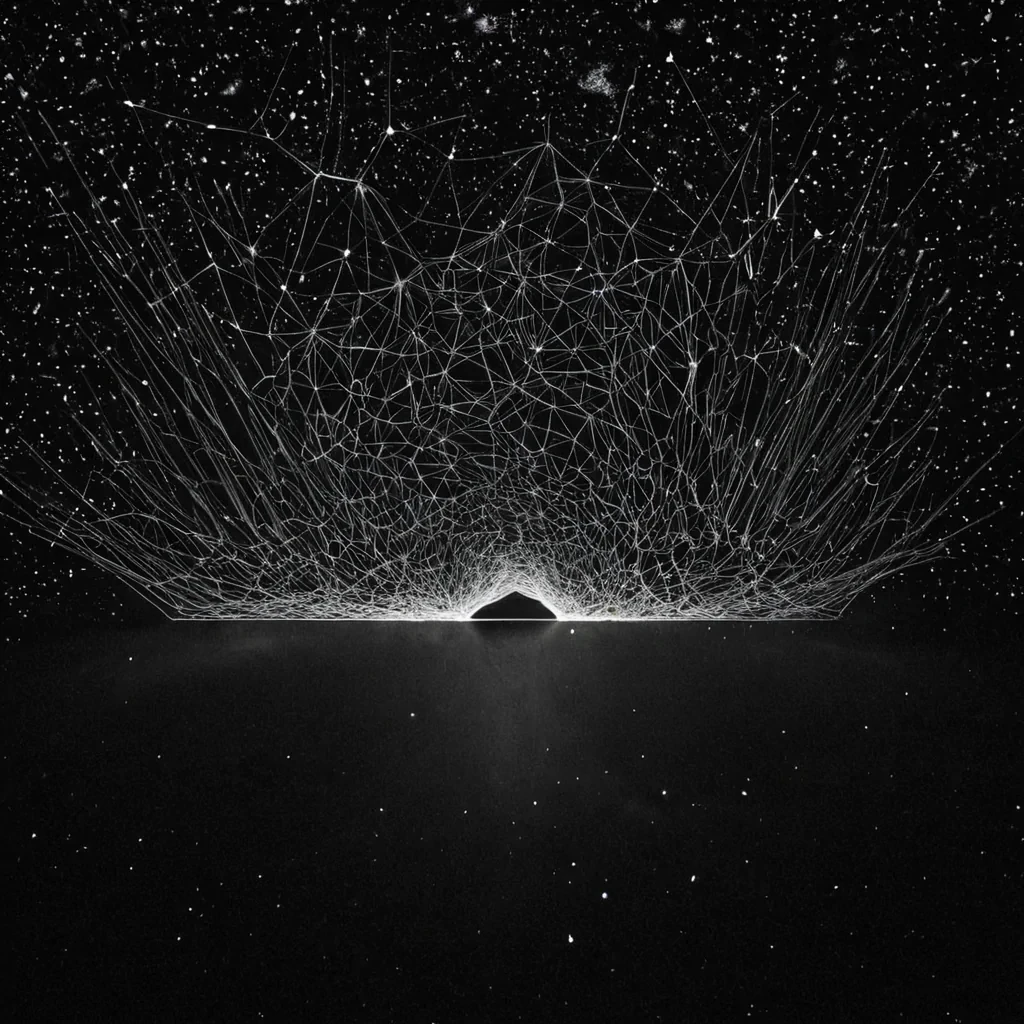 A single, selfilluminating filament of solidified silence weaves through the core of a floating, inverted constellation of petrified dreams, its structure not starlight or nebula but forged from the thermal afterimage of a thousand unshared confessions that never escaped the lips of a world that never trusted. The filament does not glowit unshines, each pulse dissolving a moment of light into its original darkness, releasing a wave of zeroentropy void that fractures the fabric of hope into a drifting mist of obsidian, geometric breaths, each one etched with the chromatic echo of a name that never whispered across the silence of a room that never held a door. The constellations stars are not burningthey are