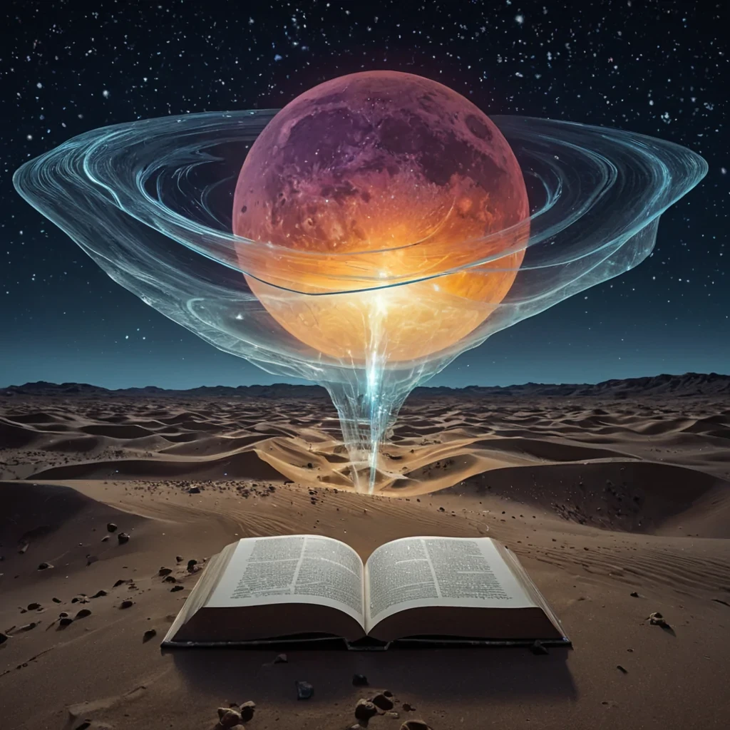 A vast, inverted desert suspended in the stratosphere of a gas giant, its dunes composed of solidified starlight and crystallized auroras, shifting in slow, silent waves under the gravity of a rogue moon. Above, a network of floating, translucent libraries drifts on thermodynamic currents, their shelves made of frozen sound waves and encoded in the language of forgotten constellations. Each book glows with a different hueamber for lost histories, indigo for unspoken emotions, silver for dreams that never took form. At the center of the desert, a single, perfect obsidian clock ticks backward, its hands carved from solidified time, and every hour it releases a puff of iridescent dust that forms fleeting, sentient