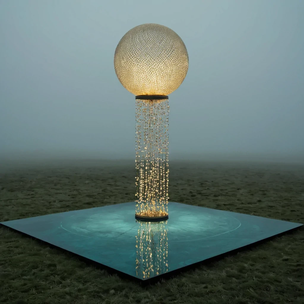 A horizontal, ultrawide cinematic shot of a vast, suspended platform made of raw, polished slate floating in a dense, foggy sky of pale, pearlescent mist. The platform is covered not with grass or stone, but with a thick, undulating carpet of soft, plush velvet in a deep, saturated teal, ripples of which move gently as if breathing. Embedded within the velvet are hundreds of tiny, perfectly spherical beads of liquid gold that reflect the ambient light with a warm, metallic sheen. In the center of the platform, a single, towering, twisting sculpture made of translucent, white bonelike material rises, its surface etched with intricate, geometric patterns that glow with a faint, cool blue bioluminescence. Per
