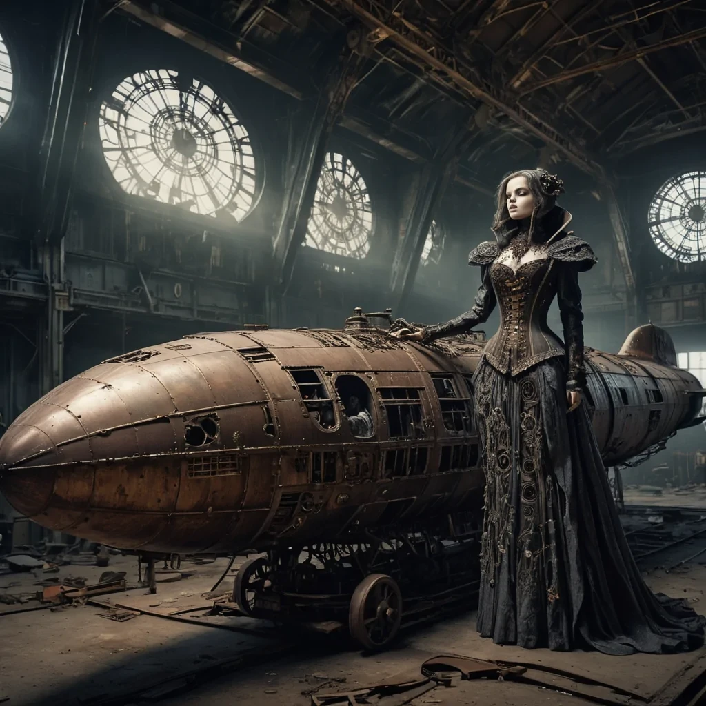 Photorealistic, Ultra HD portrait of a melancholic, sentient automaton, its metallic body adorned with intricate, tarnished filigree, sitting alone in a vast, abandoned zeppelin hangar, surrounded by decaying, vintage airships and faded, sepiatoned posters of longforgotten destinations, with cinematic lighting casting dramatic shadows and emphasizing the intricate, steampunkinspired design, and a subtle, cool bokeh effect creating a sense of isolation and nostalgia, as a lone, spectral comet streaks across the night sky, its glowing tail leaving a trail of stardust in its wake, while a spectral, ethereal figure, cloaked in a tattered, hood
