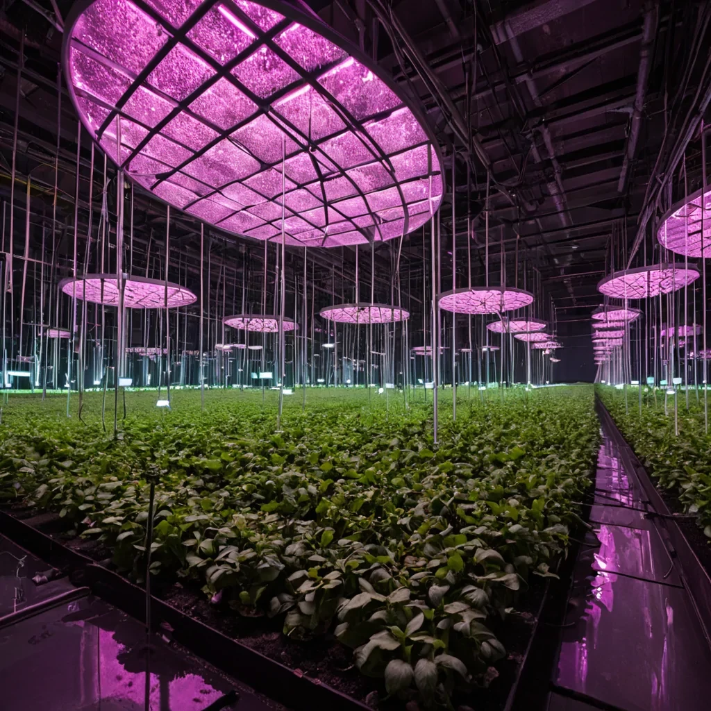 A horizontal, eyelevel wide shot of a vast, subterranean hydroponic farm cultivated within the hollowedout interior of a colossal, geodesic iron sphere buried deep in the crust of a tidally locked planet. The environment is illuminated by rows of intense, magentapink LED grow lights that reflect off the curved, riveted metal walls, creating a rhythmic pattern of light and shadow. Hanging from the ceiling are thousands of vertical aeroponic tubes made of transparent quartz, each nurturing sleek, leafless crops with thick, fleshy, bioluminescent stems that pulse with soft white light. The floor is a grid of dark, wet slate tiles, mirroring the glowing roots that dangle in midair. In the