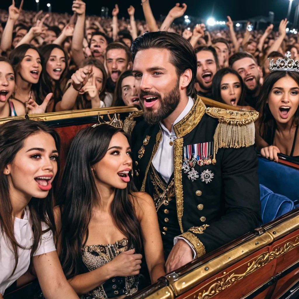A very clear modern picture of a dark haired, modern handsome king with a beard along with beautifully dressed, brown haired women. They are riding in an royal open carriage amongst a happy crowd of EDM concert goers. One person in the crowd sticks her tongue out at him, doesn't like the king.