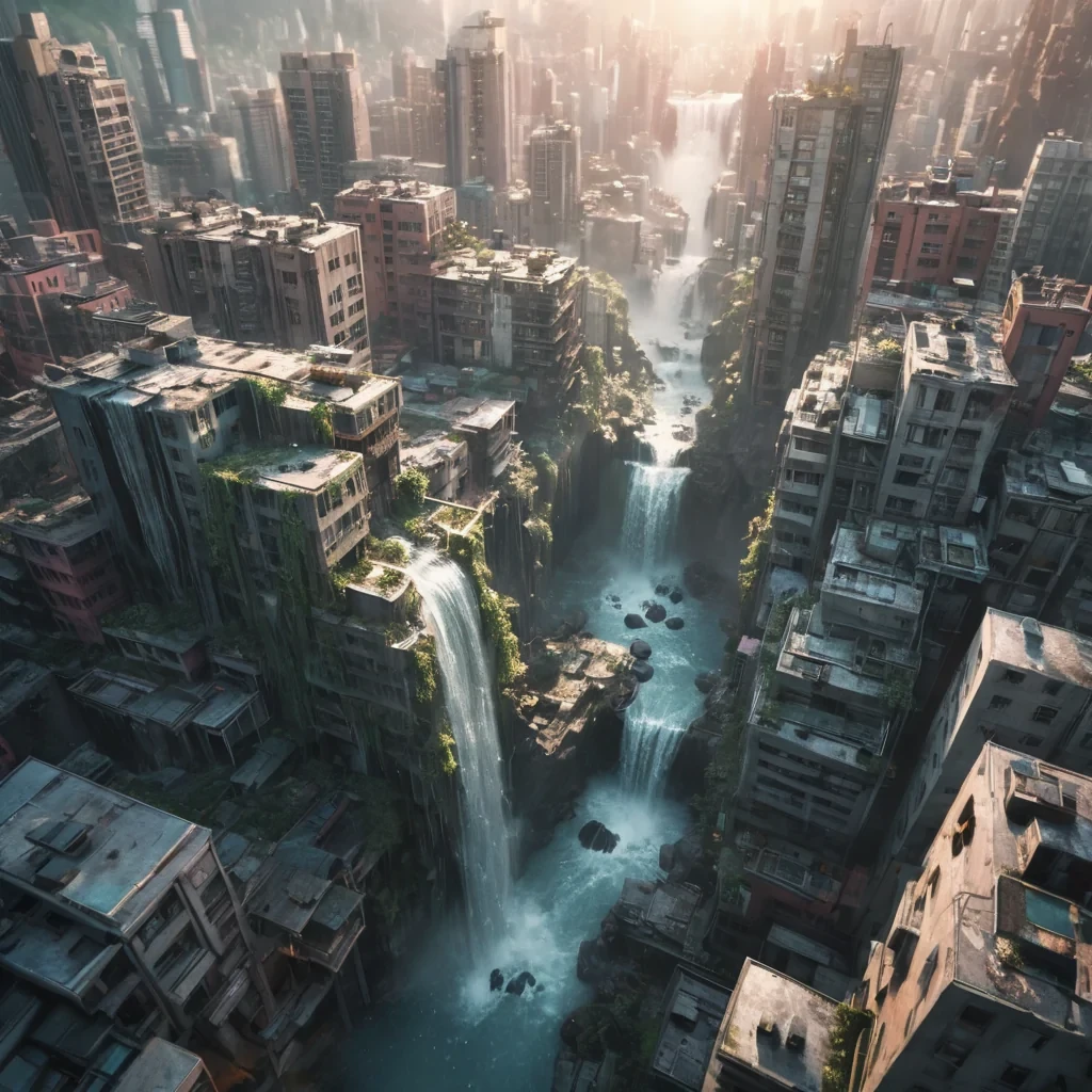 A sprawling, dilapidated cityscape from above, the buildings fused into an organic, crystalline structure, waterfalls cascading down their facades, hyperrealistic, 4K, cinematic lighting, volumetric lighting, atmospheric effects, dynamic lighting, bokeh effect, lens flare, pastel tones, detailed textures.
