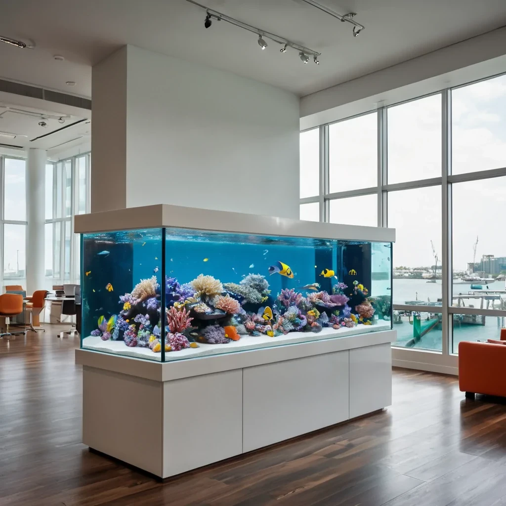 hyperrealistic image of a luxurious marine aquarium in a modern office setting. The aquarium spans an entire wall, filled with crystalclear water showcasing vibrant coral reefs, swaying anemones, and a variety of marine life, including colorful clownfish, angelfish, and a few small reef sharks. The office has sleek, minimalist furniture with glass and steel accents, and the soft glow from the aquarium illuminates the space, creating a calming ambiance. Sunlight streams through large floortoceiling windows, casting subtle reflections of the aquarium onto the polished hardwood floor. The intricate details of the marine life, from the texture of the coral to the movement of fish scales, are vividly depicted