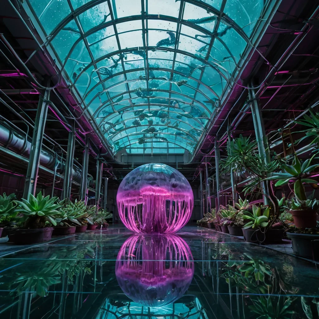 A horizontal, eyelevel medium shot of a vast, indoor hydroponic warehouse where the ceiling is a translucent membrane of bioluminescent jellyfish tentacles, casting rippling, ethereal violet and teal light patterns across the scene. The floor is a reflective pool of mercurylike liquid metal, creating a mirror image of the suspended architecture above. Floating in the center is a massive, spherical greenhouse constructed from curved, frosted silica glass panels, inside which grows a dense cluster of giant, nonflowering succulents with thick, fleshy leaves in shades of deep burgundy and electric lime. Surrounding the sphere are hundreds of slender, vertical tubes made of clear quartz, each containing a single, glowing spore that drifts slowly like