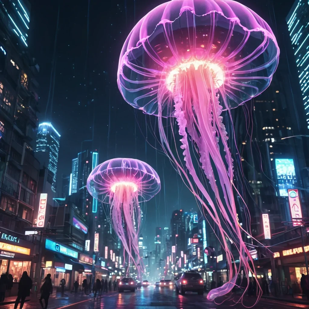 A futuristic metropolis where buildings are giant, glowing jellyfish, their tendrils pulsing with neon lights, hyperrealistic, 8K, cinematic lighting, volumetric lighting, atmospheric effects, dynamic lighting, bokeh effect, soft focus, lens flare, neon colors, detailed textures.
