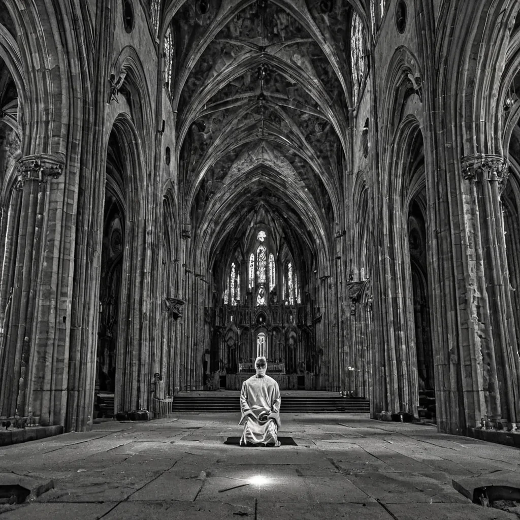 A single, selfigniting thread of solidified silence, shaped like a 29dimensional fractal of inverted gravity and unformed stillness, burns at the center of a vast, inverted cathedral built from the petrified echoes of a civilization that measured devotion through the duration of synchronized, silent kneeling before the same unlit altar. The thread does not combustit unburns, each flicker dissolving a layer of spiritual potential that never coalesced into a shared reverence, reforming into ephemeral, onyxthreaded afterimages shaped like the negative space between two knees that never touched the same stone in the same moment of mutual surrender. The cathedral is not sacredit is a stratified expanse of compressed faith, each