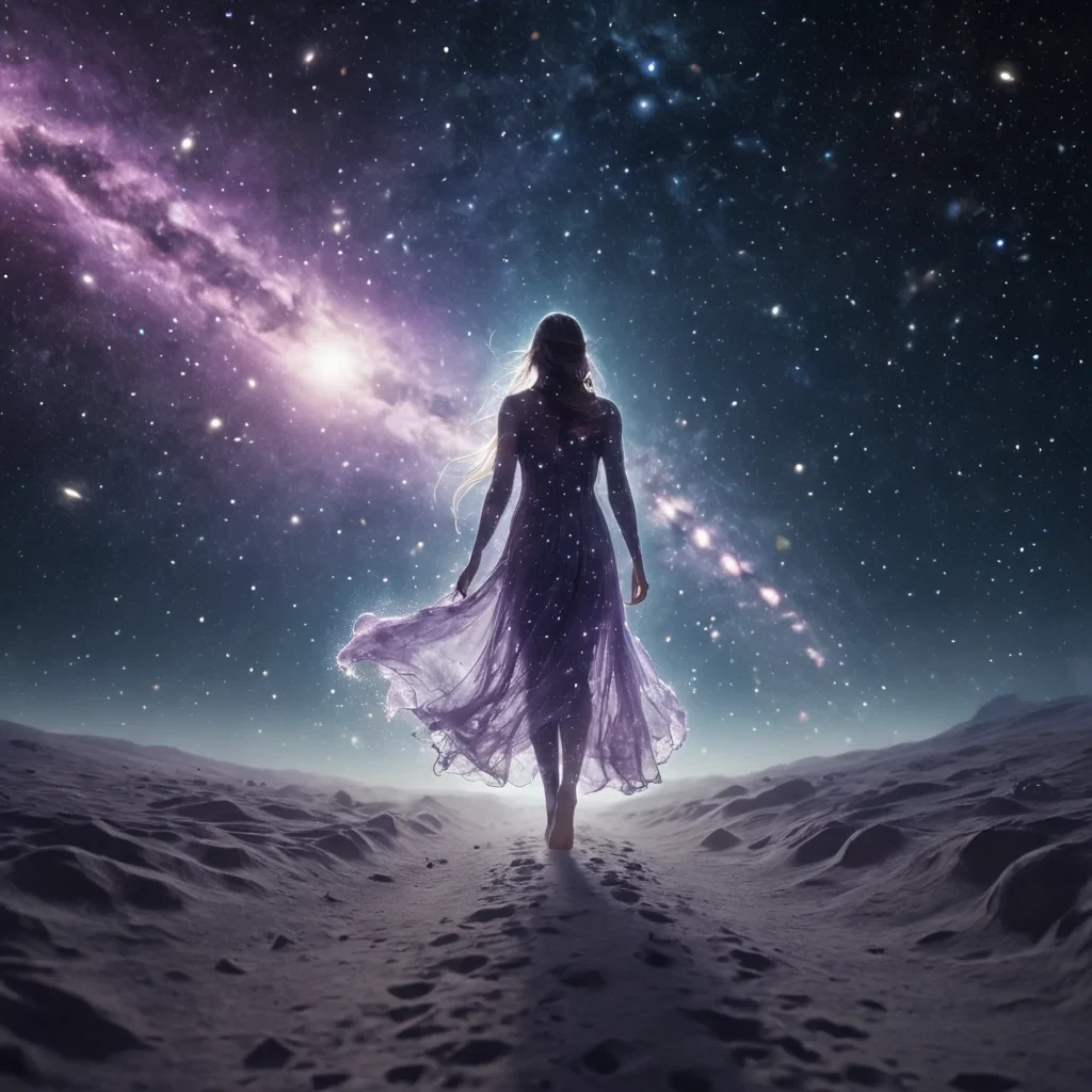 A lone, ethereal figure glides through an endless, starfilled void, leaving a trail of stardust in its wake, its form shifting between various celestial bodies, hyperrealistic, 4K, cinematic lighting, volumetric lighting, atmospheric effects, dynamic lighting, bokeh effect, soft focus, lens flare, cosmic blues, twinkling whites, and mysterious purples, detailed textures.