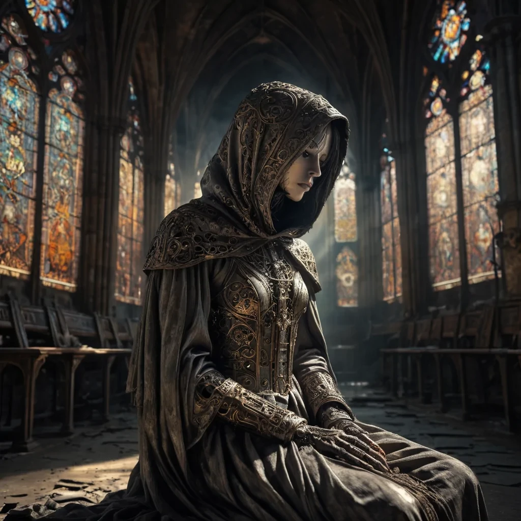 Photorealistic, Ultra HD portrait of a melancholic, sentient automaton, its metallic body adorned with intricate, tarnished filigree, sitting alone in a vast, abandoned cathedral, surrounded by towering, gothic arches and faded, stainedglass windows, with cinematic lighting casting dramatic shadows and emphasizing the intricate, steampunkinspired design, and a subtle, cool bokeh effect creating a sense of isolation and melancholy, as a lone, spectral comet streaks across the night sky, its glowing tail leaving a trail of stardust in its wake, while a spectral, ethereal figure, cloaked in a tattered, hooded robe, stands silently at the edge of