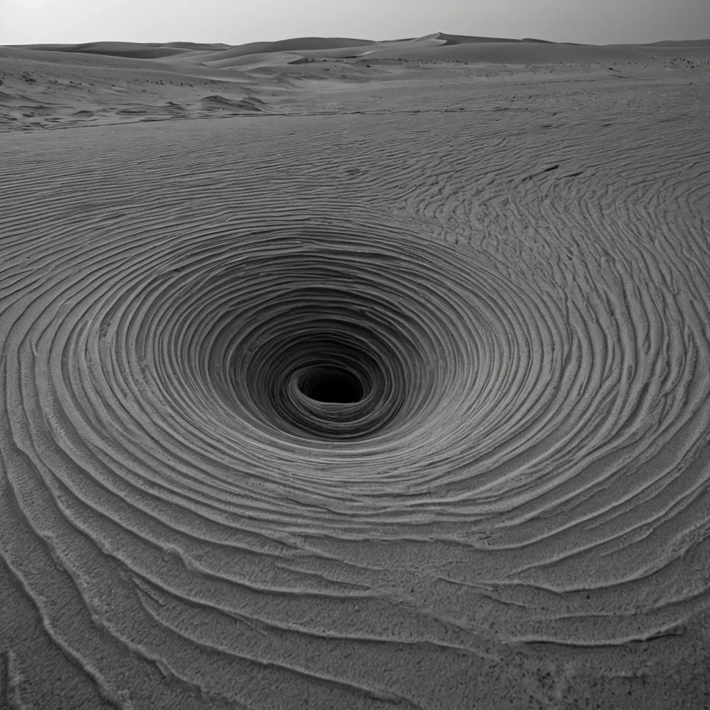 A single, selfoscillating filament of compressed silence, shaped like a 14dimensional helix of inverted sound and unformed resonance, drifts through the center of a vast, inverted desert of solidified wind  each dune sculpted from the petrified breath of a civilization that measured connection not by words, but by the duration of synchronized, breathless stillness held just before the first whisper was ever permitted to ripple through an atmosphere that never carried voice. The filament does not vibrate  it unwhispers, each pulse shedding a layer of phonetic potential that never coalesced into a shared tone, reforming into ephemeral, selenitethreaded afterimages shaped like the negative space between two lips that