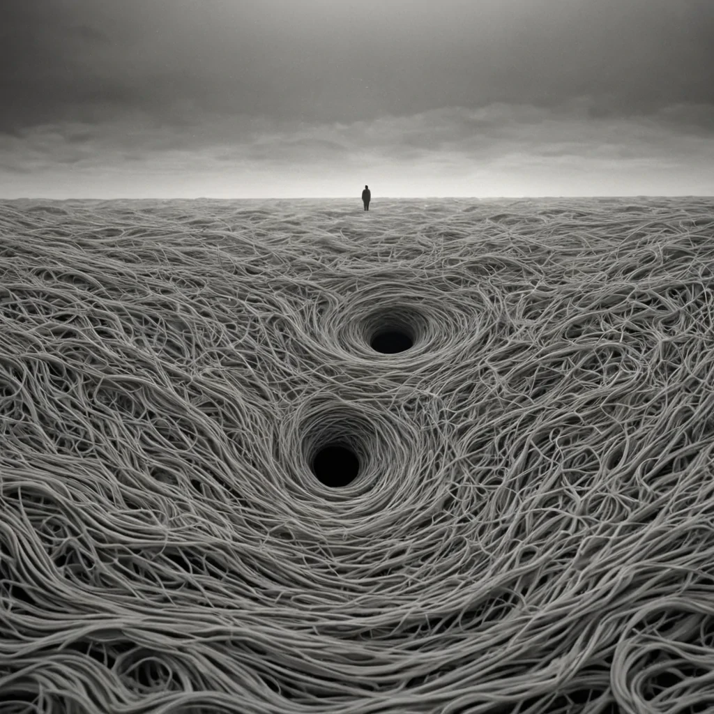 A single, selffragmenting thread of reversed dreams, shaped like a 917dimensional tangle of unformed slumber and inverted subconscious, drifts through a vast, inverted dreamscape of solidified wakefulnesseach landscape feature carved from the exact moment between a thought forming and its refusal to be imagined, a memory surfacing and dissolving into nonmental mist, a decision being made and collapsing into pure, unchosen stillness. The thread does not dreamit undreams, each unraveling strand shedding a layer of psychological potential that never coalesced into a shared narrative, reforming into ephemeral, opalveined afterimages shaped like the negative space between two eyes that never closed to enter the same