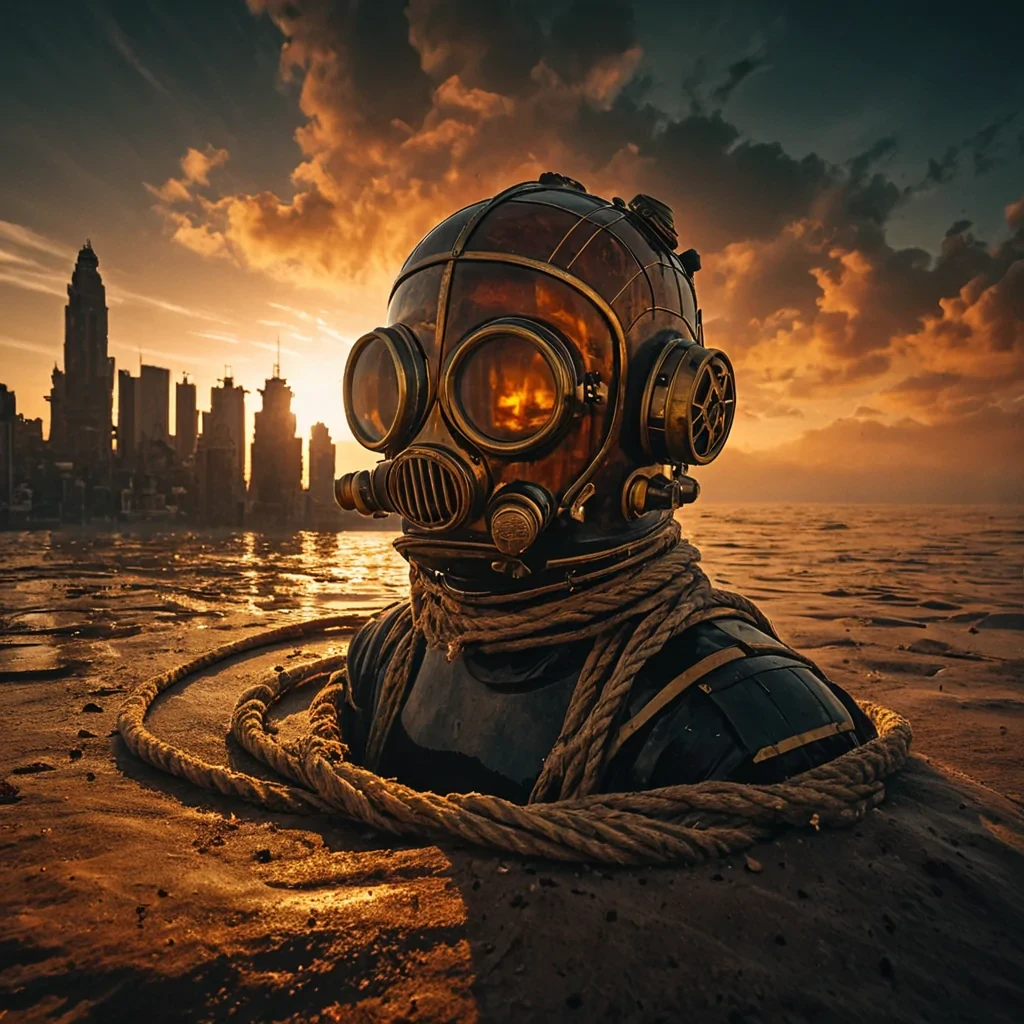 A cinematic, wideangle shot of a colossal, floating city constructed from stacked, translucent slabs of frozen amber honey, suspended in a twilight sky filled with heavy, rustcolored dust clouds. The city is not static it is slowly rotating, causing the layered slabs to shift and refract the dim, orange sunlight into sharp, geometric caustics on the dark, rippling ocean far below. Perched on the edge of the lowest slab is a single, oversized, vintage leather diving helmet, its brass visor fogged up, reflecting the distorted face of a person made entirely of woven, golden thread. The diving helmet is connected to a thick, braided rope of dried spider silk that extends upward into the dust, suggesting a tether