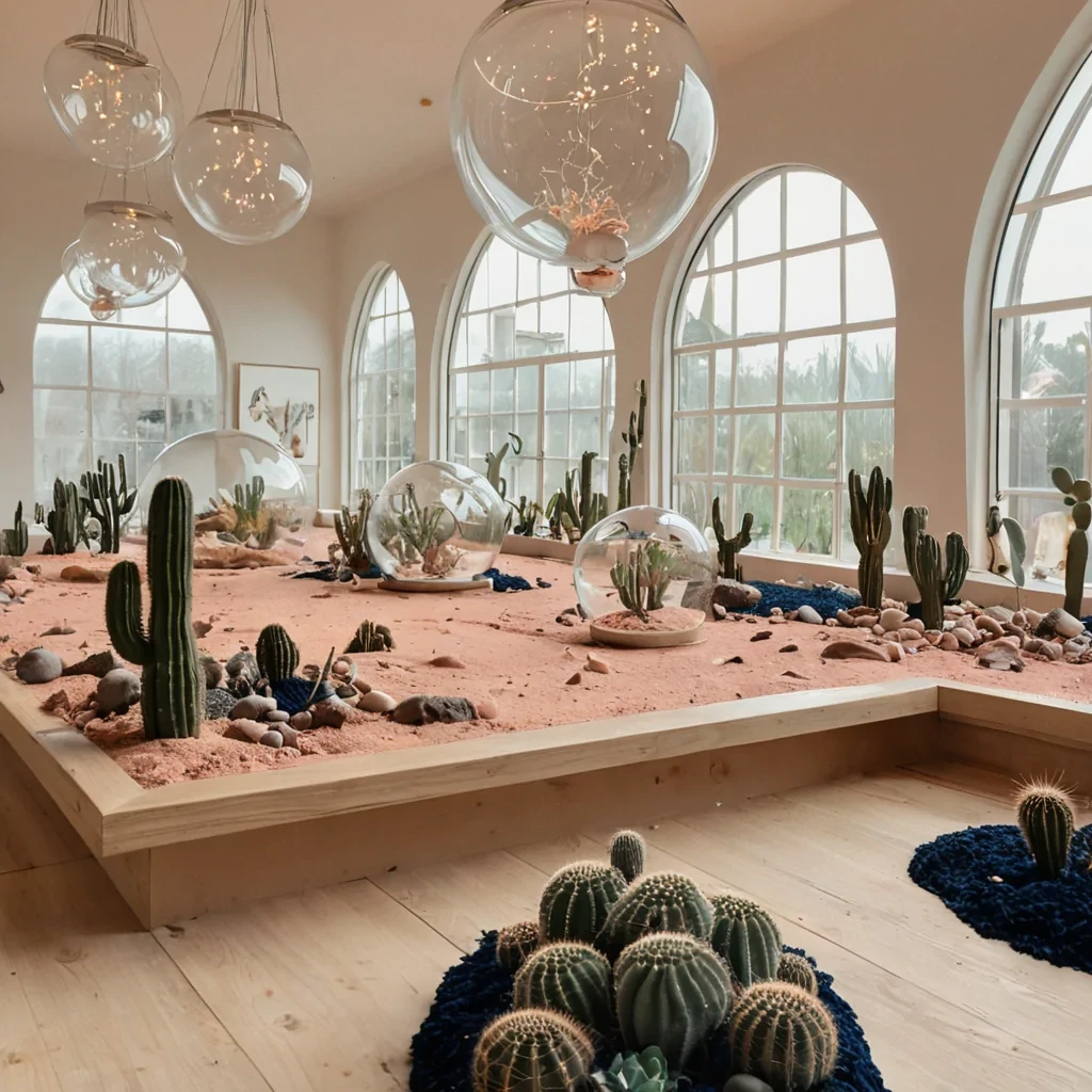 A horizontal, eyelevel medium shot of a serene, indoor conservatory where the floor is composed of thousands of smooth, warmtoned wooden planks that gently undulate like frozen waves. Suspended above are massive, spherical terrariums made of handblown glass in varying shades of amber and teal, each housing a miniature, selfcontained desert landscape with tiny, meticulously arranged cacti and drifts of red sand. The air is filled with floating, paperlike petals in soft pastel hues of blush pink and pale yellow, drifting slowly in a gentle updraft. In the foreground, a figure with skin resembling polished alabaster and hair made of spun silver wire sits on a minimalist white bench, reading a book bound in deep navy velvet